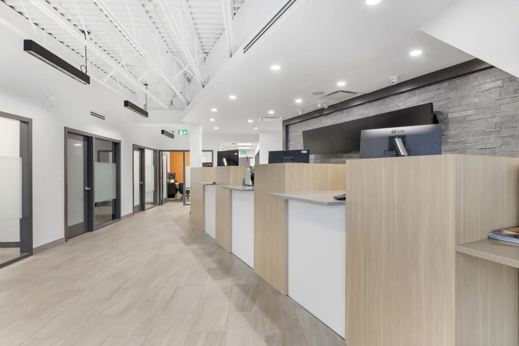 Modern office reception area built by Hilson Construction