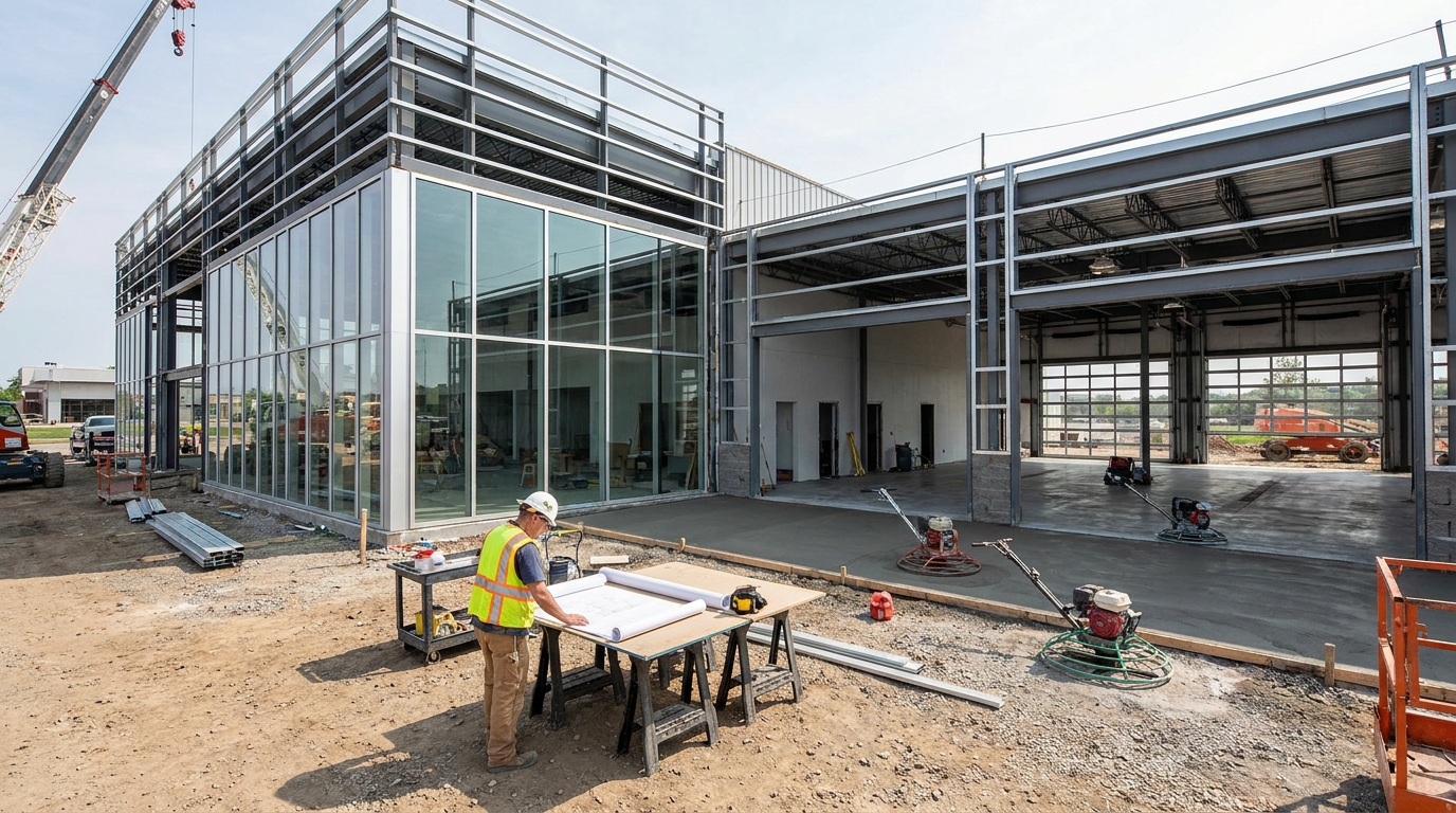 Contractor reviewing blueprints on site at an auto dealership construction project with steel framing and glass showroom