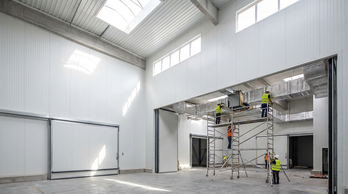 Workers on scaffolding installing insulated refrigeration ductwork inside a commercial cold storage facility under construction