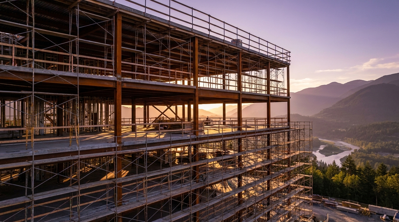 Steel-framed commercial building under construction at sunrise with the Fraser Valley mountains in the background