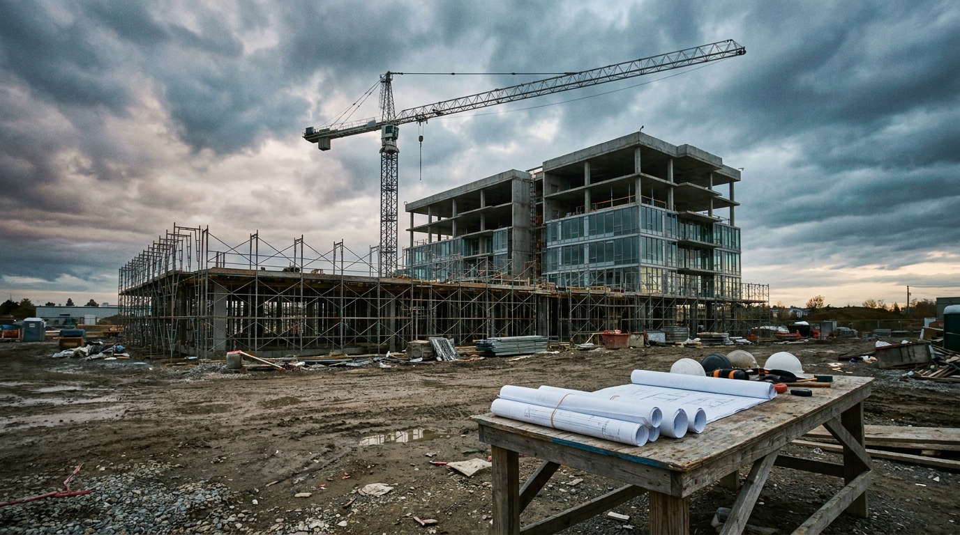 Wide view of a commercial construction site with a tower crane and rolled blueprints on a site table under a dramatic sky