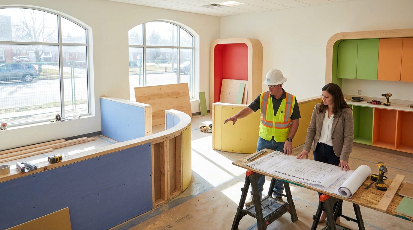 Contractor reviewing plans with a childcare operator inside a bright daycare classroom build-out