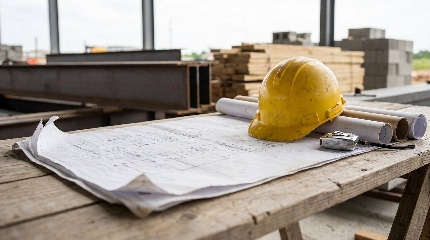 Architectural blueprints, a hard hat, and rolled drawings on a wooden table at a commercial construction site