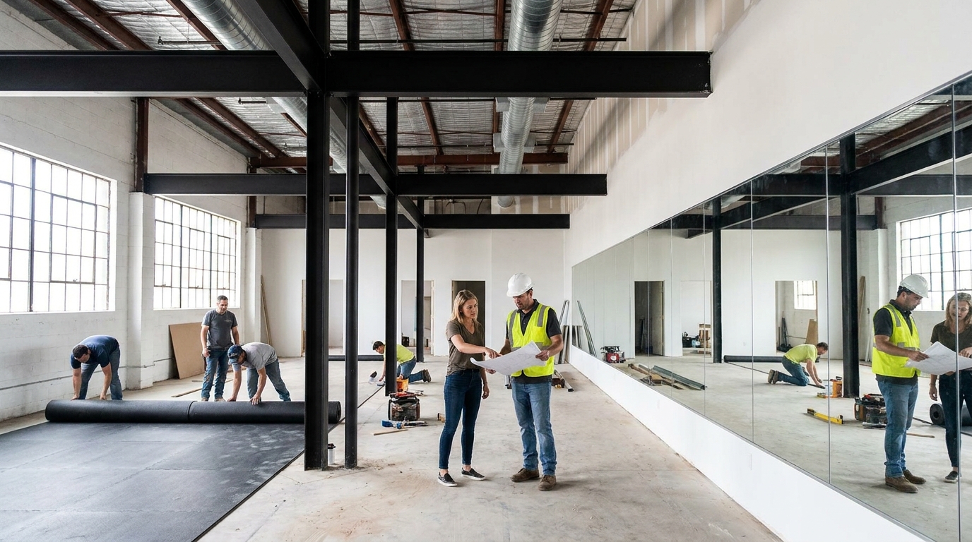 Contractor and studio owner reviewing floor plans inside a gym build-out with new rubber flooring and exposed ceiling
