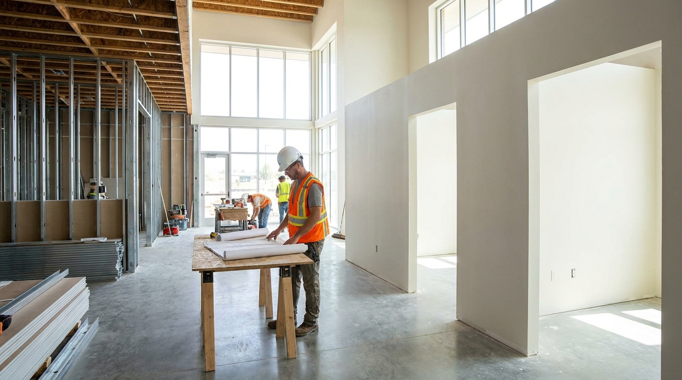 Contractor reviewing blueprints inside a medical clinic build-out with framed treatment rooms and exposed ceiling
