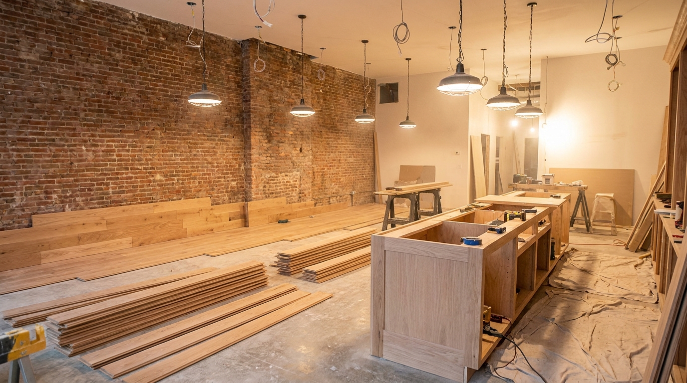 Commercial retail space mid-renovation with exposed brick, new wood flooring, pendant lighting, and a millwork counter under construction