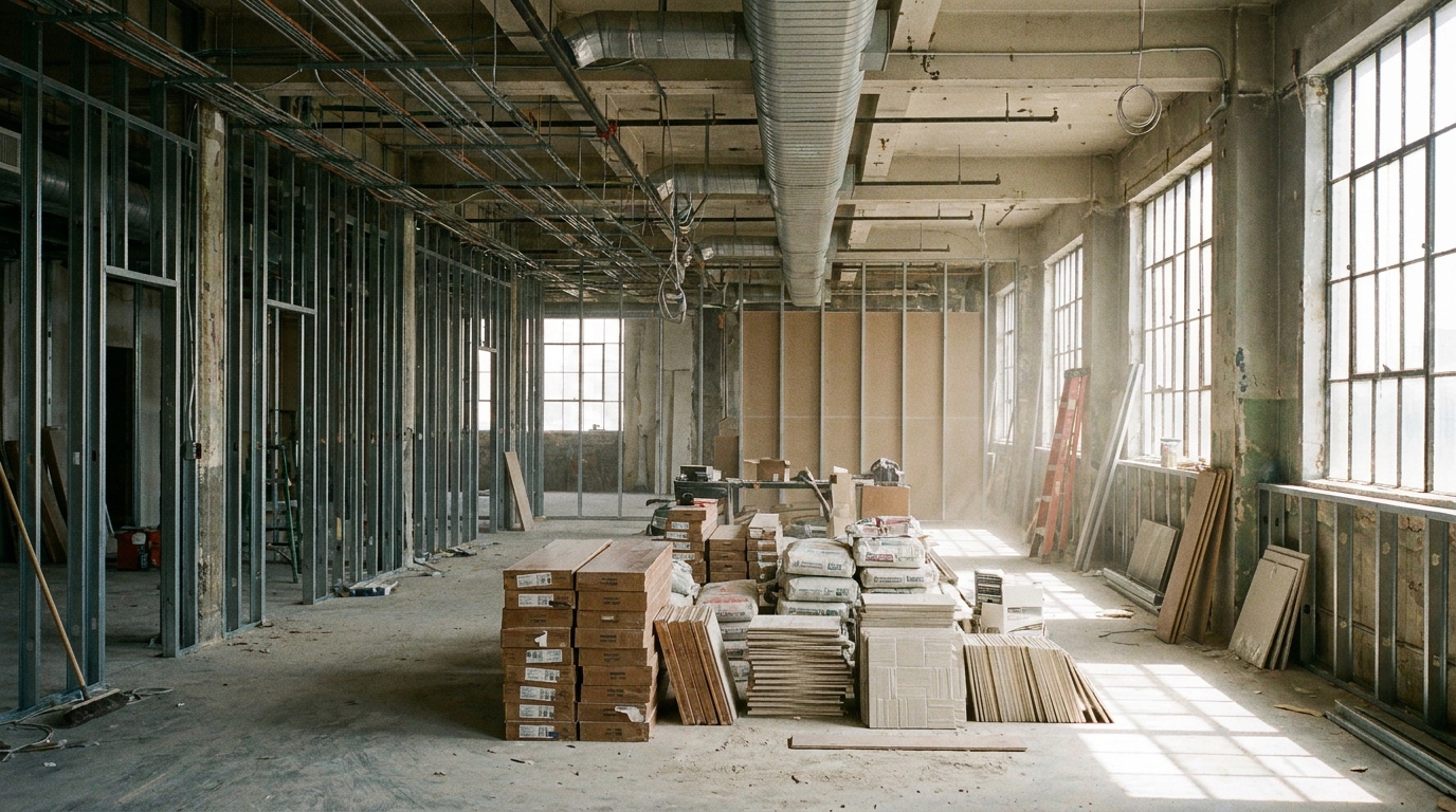 Commercial interior mid-renovation with exposed ceiling ductwork, metal framing, and stacked flooring materials