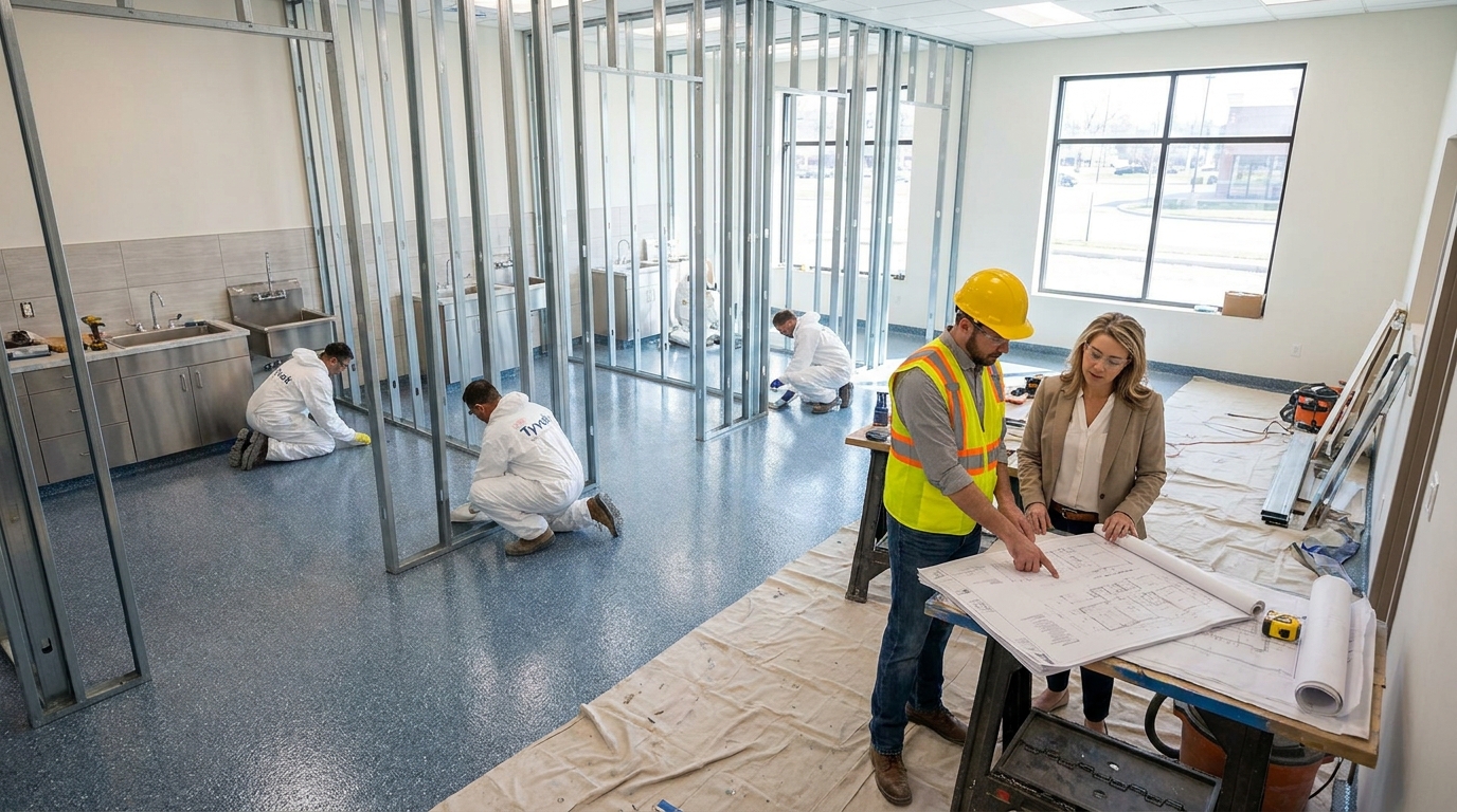 Contractor reviewing blueprints with a veterinary clinic owner inside an exam room build-out with epoxy flooring